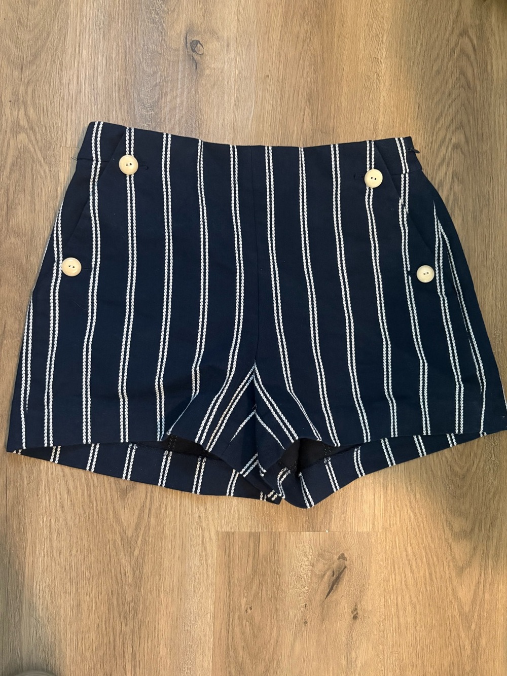 J. Crew Navy Stripe High-Waist Button Shorts